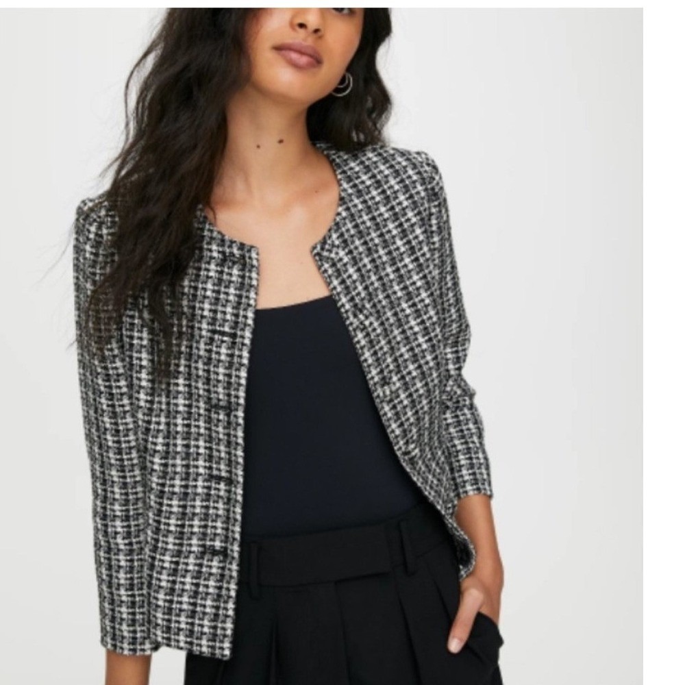 Babaton Black White Tweed Plaid Button Front Jacket Blazer Women Size 4